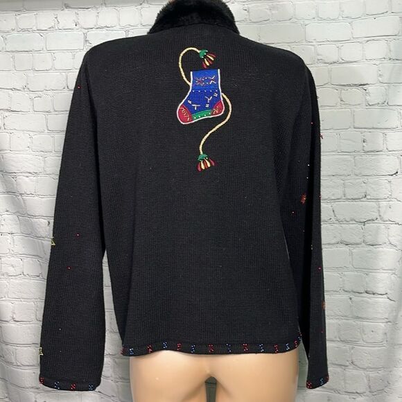 Vintage Embroidered Beaded Ugly Christmas Sweater Stocking themed Cardigan Large - Picture 6 of 8